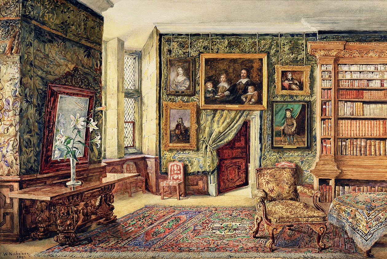 A biblioteca em Hardwick Hall, Derbyshire, 1891 (wc) de W. Nicholson