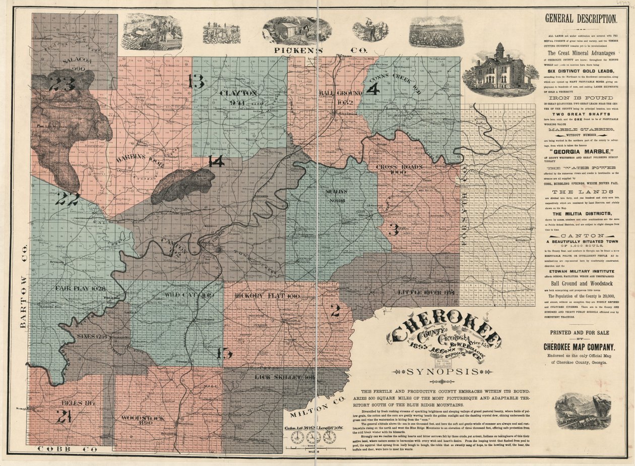 Inglês:  Mostra os números dos lotes/blocos e os nomes dos residentes. Endossado como o único mapa oficial do condado de Cherokee. Duas folhas unidas para formar uma, montadas em tecido. LC Mapas de propriedade de terras, 87 Inclui texto e imagens. Disponí de W. P. Bullock