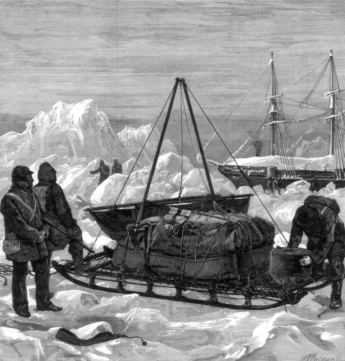 Preparando-se para iniciar uma viagem de trenó no Ártico, 1875. de W. Palmer