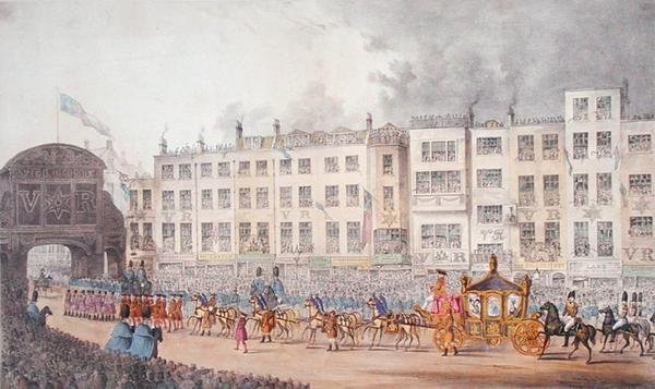 Vista do Temple Bar durante a visita da Rainha Victoria à cidade de Londres em 1837 de W. R. Browne