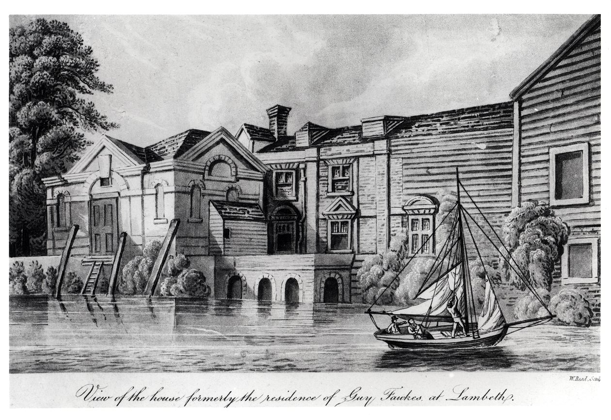 Vista da casa anteriormente a residência de Guy Fawkes em Lambeth, c.1850 (aquatint) de W. Read