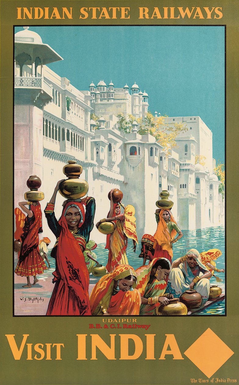Visit India, Udaipur &39;, um cartaz publicitário para Indian State Railways (litografia colorida) de W. S. Bylityllis