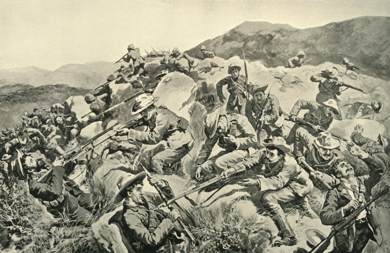 "Com o General French. "New Zealanders Saving a Picket of the Yorkshire Regiment", 1900. de W Small
