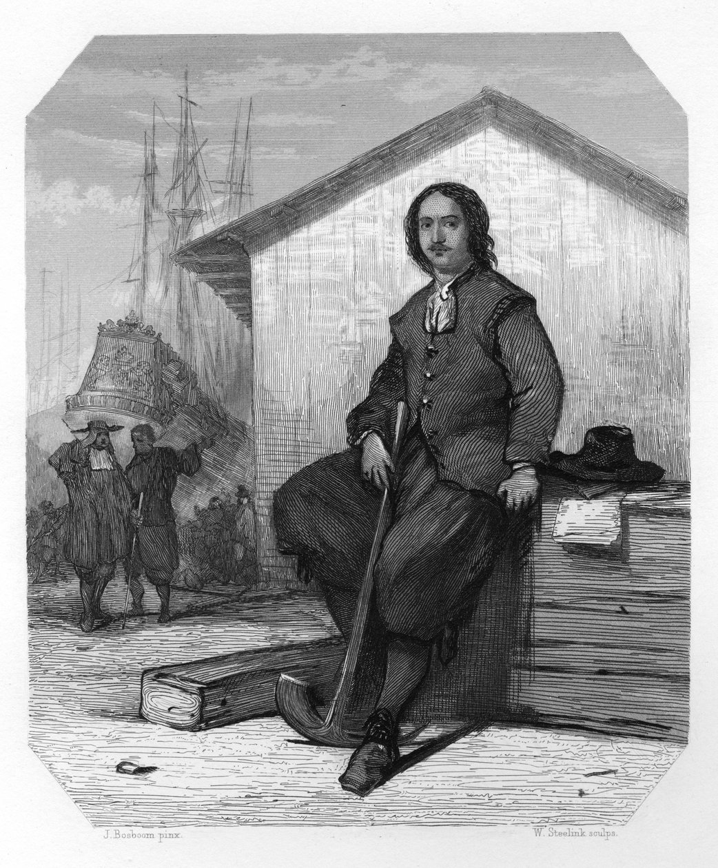 O czar Pedro I da Rússia, trabalhando em um Indiaman Oriental, docas de Amsterdã, Holanda, 1697 c1870. de W. Steelink
