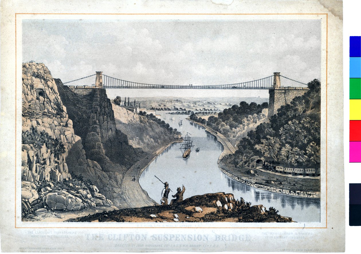 Ponte suspensa de Clifton, c.1864 (litografia colorida à mão sobre papel) de W. T. Webb