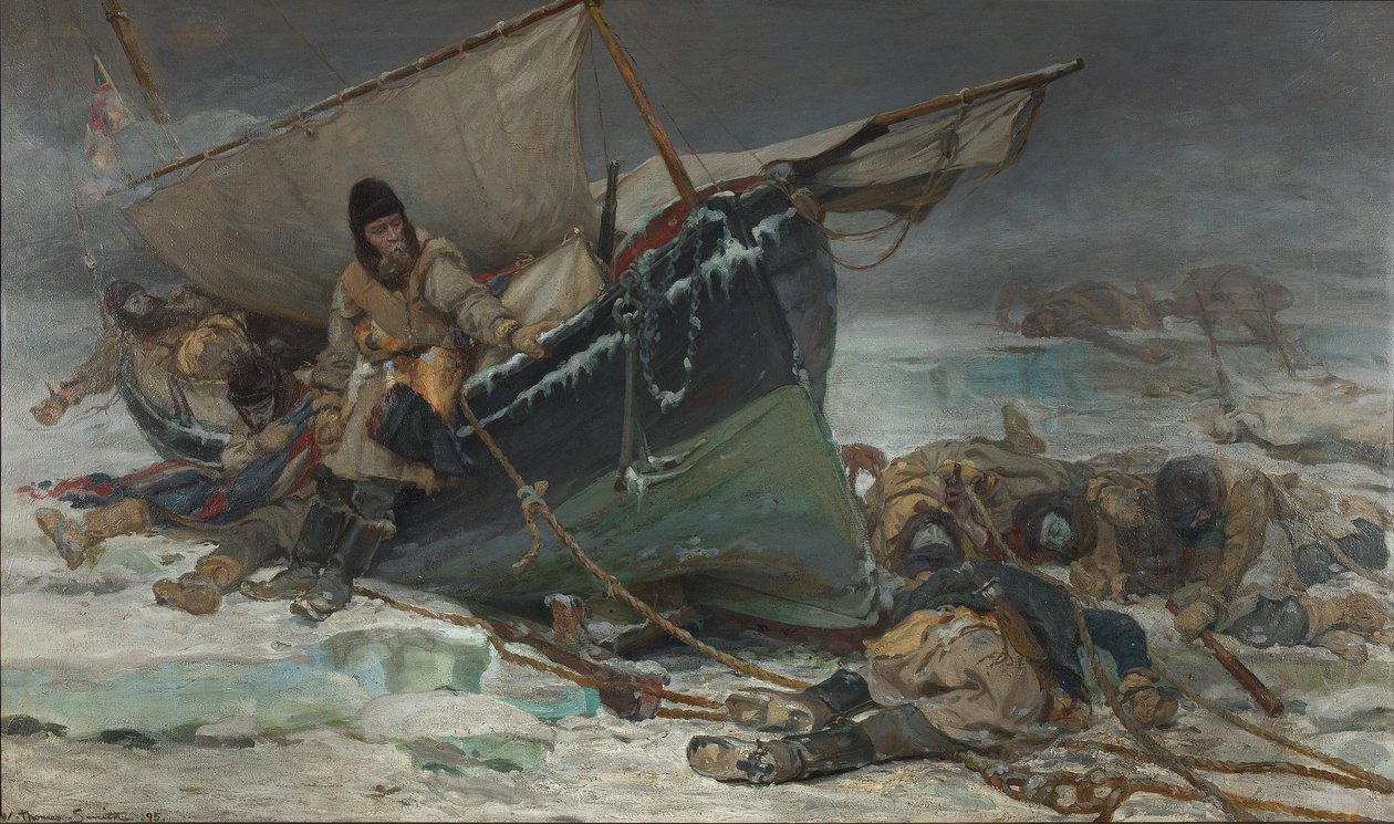 Sir John Franklin a morrer junto ao seu barco durante a expedição do HMS "Erebus" e "Terror" à Passagem do Noroeste de W. Thomas Smith