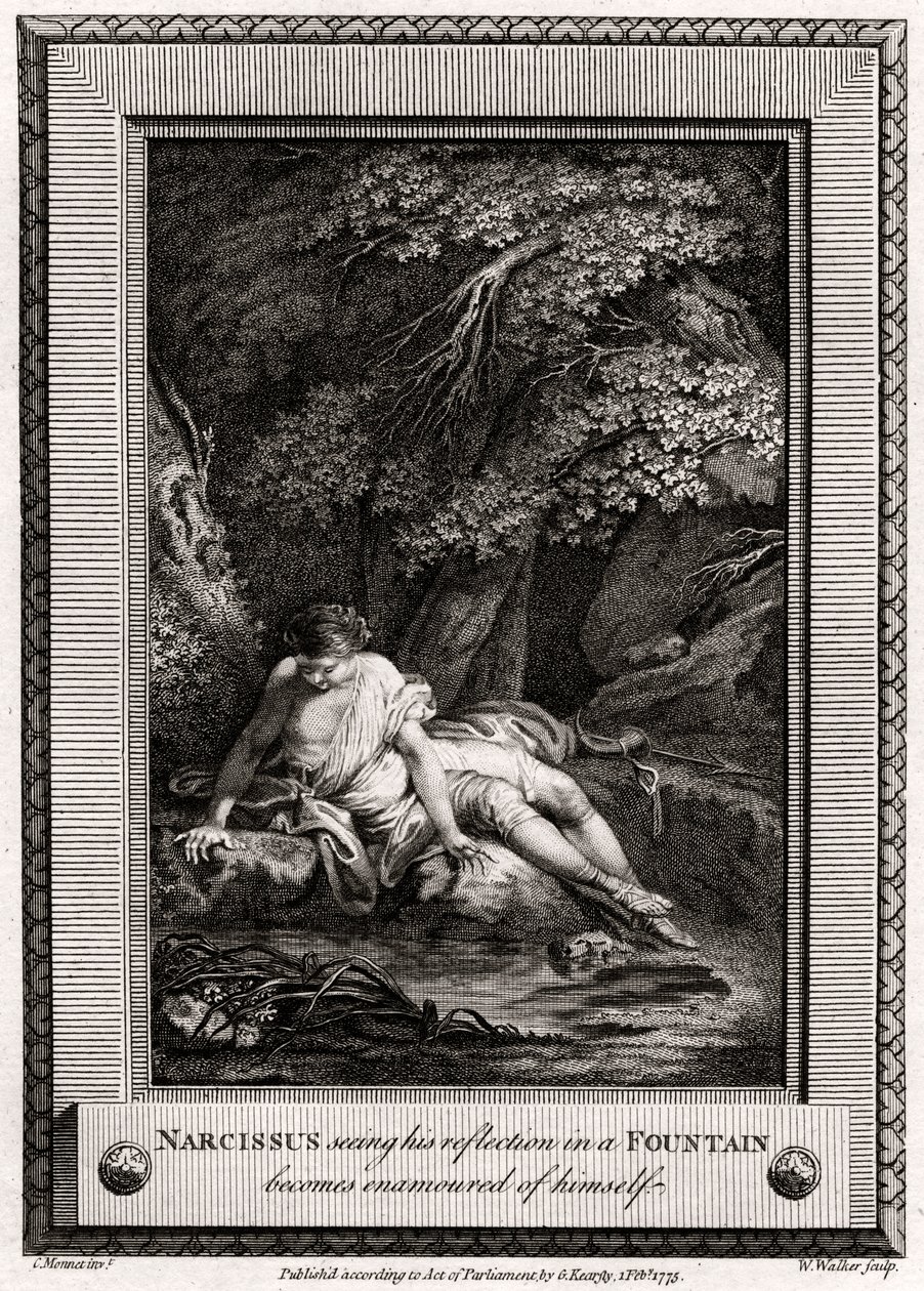 Narciso, vendo seu reflexo em uma fonte, torna-se encantado de si mesmo, 1775 de W. Walker