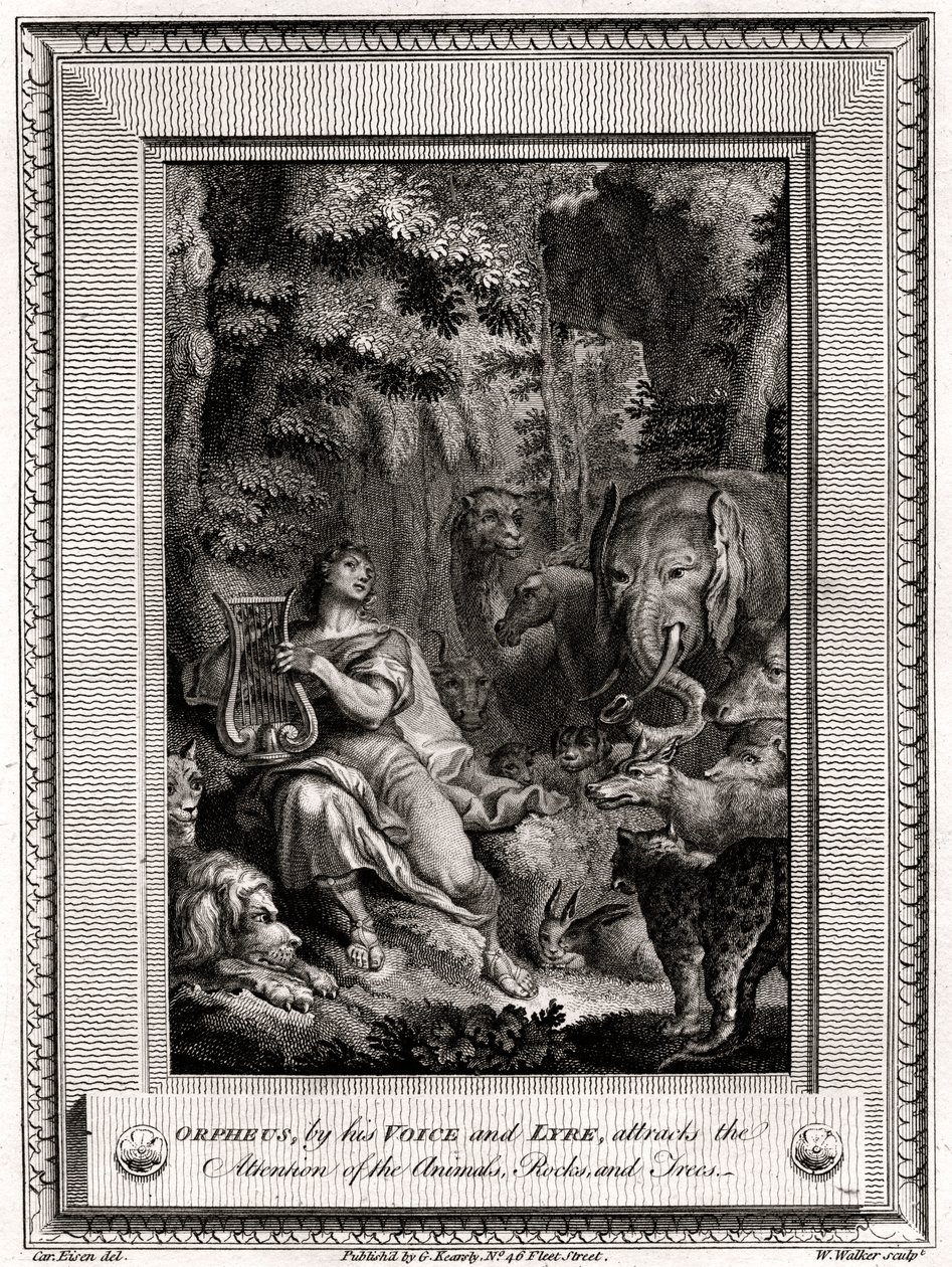 Orfeu, por sua voz e lira, atrai a atenção dos animais, rochas e árvores, 1774. de W. Walker