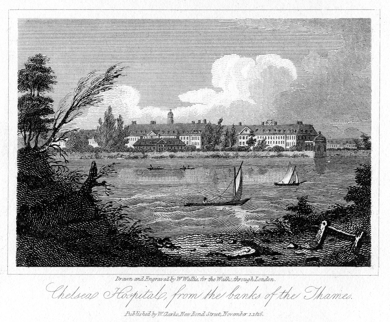 Hospital de Chelsea, dos bancos do Tamisa, Londres, 1816. de W. Wallis