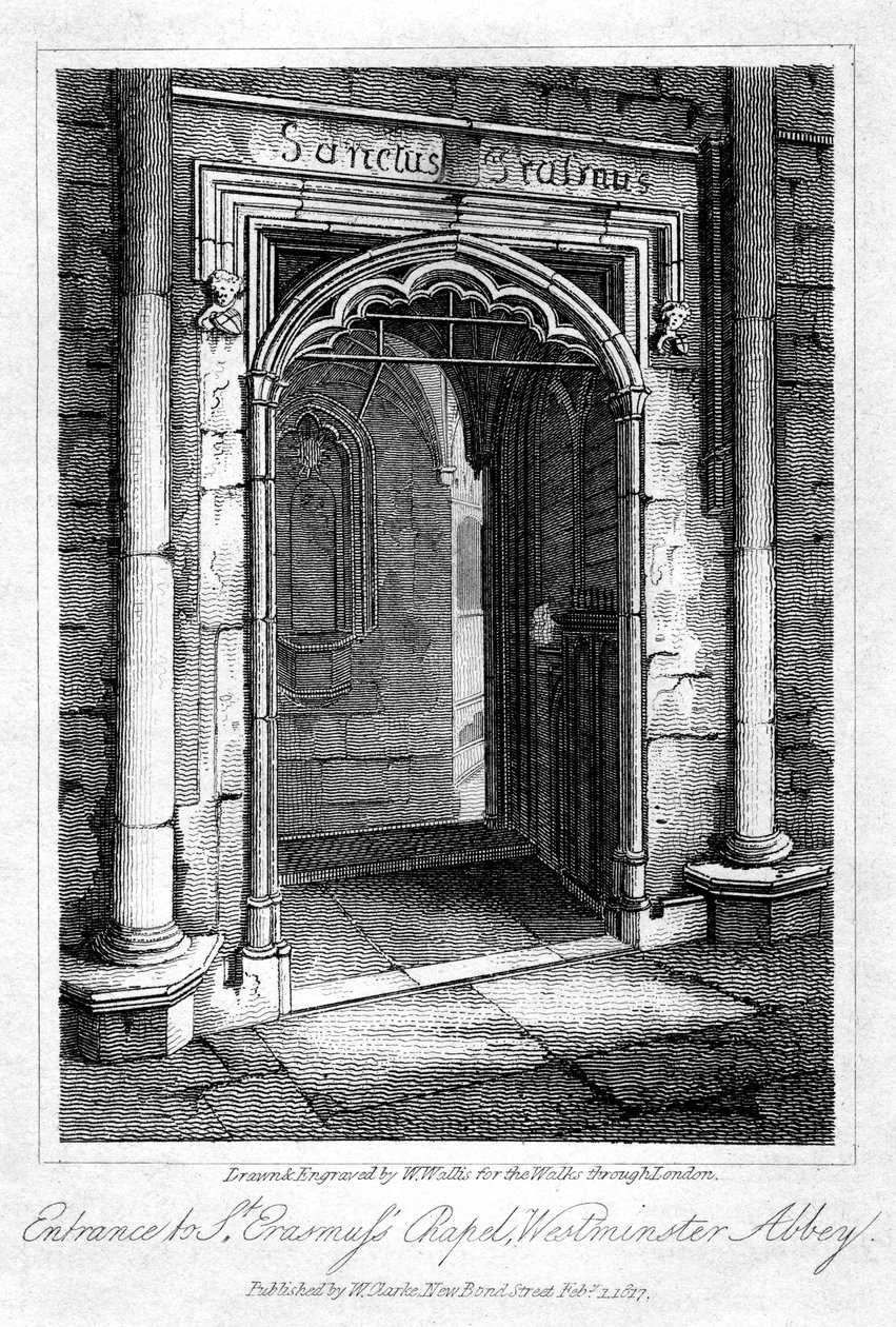 Entrada para a Capela de São Erasmuss, Abadia de Westminster, Londres, 1817. de W. Wallis