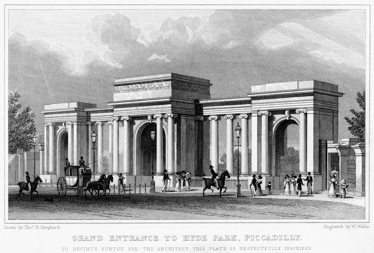 Entrada principal a Hyde Park, Piccadilly, Westminster, Londres, século XIX. de W. Wallis