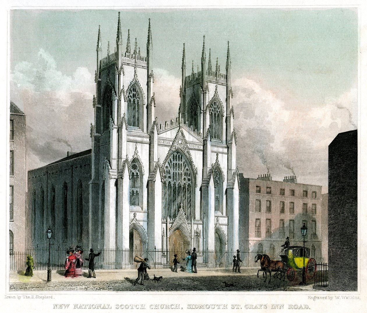 New National Scotch Church, Sidmouth Street e Grays Inn Road, Londres, 1829. de W Watkins