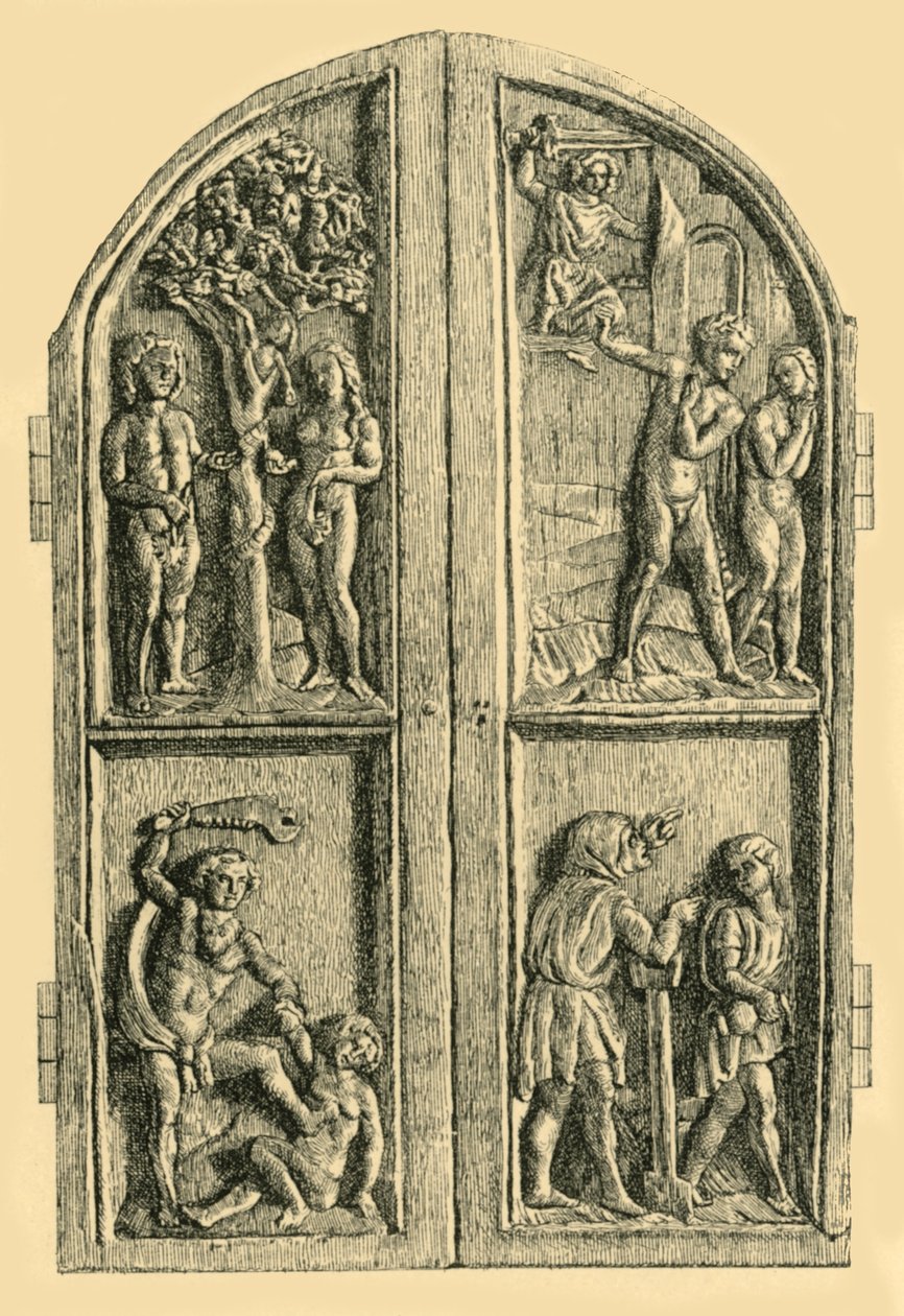 Díptico de madeira com cenas do livro de Gênesis, meados do século XIX, 1881. de W. Wise