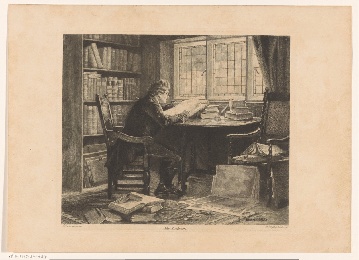 O homem a ler em frente da janela do seu estudo
O verme do livro (título sobre o objecto) de W. Wright Nooth