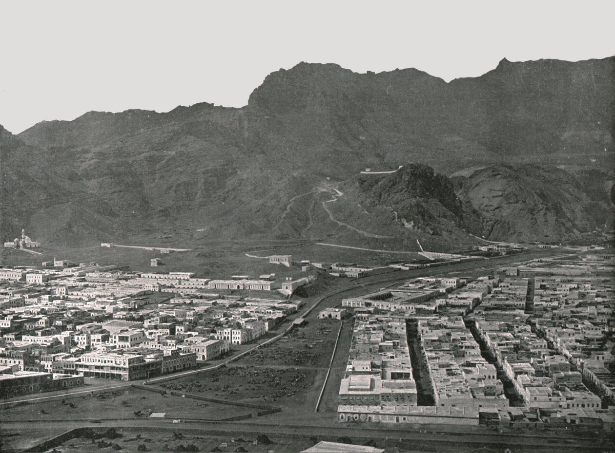 Vista geral mostrando o Camel Market, Aden, 1895. de W and S Ltd