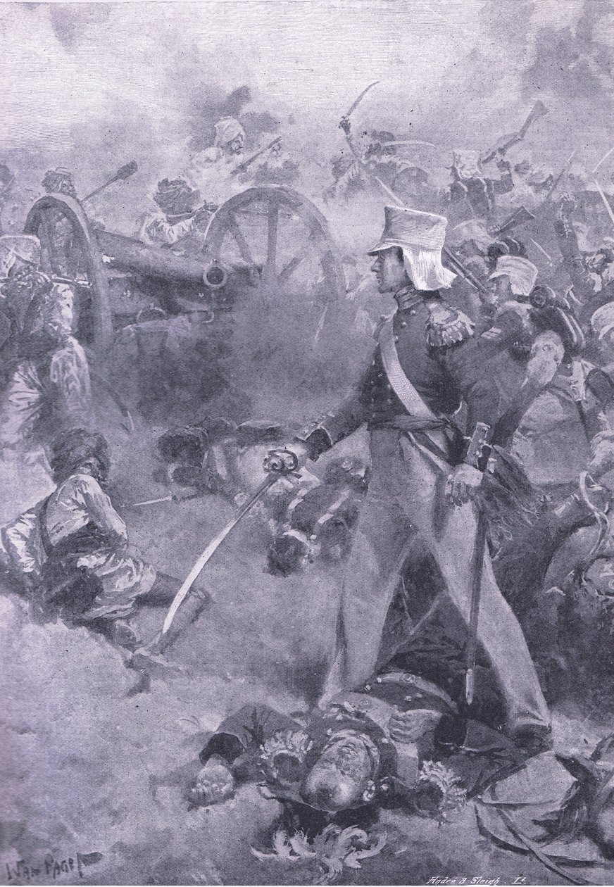 Chilianwala, 13 de janeiro de 1849: O corpo de Pennycuick guardado por seu filho, ilustração das Batalhas Britânicas na Terra e no Mar, 1915 de Wal Paget