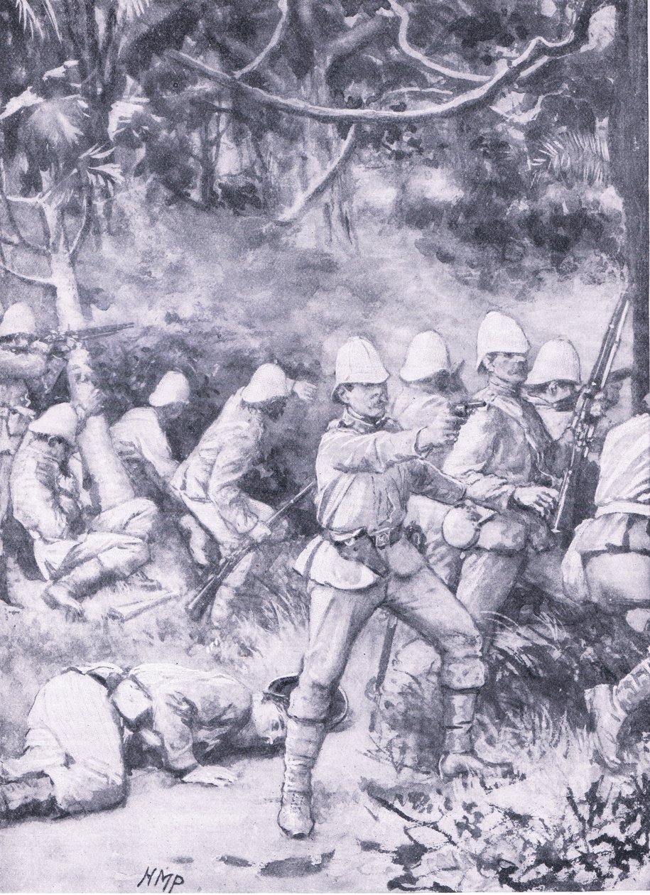 Combatendo uma estrada através da floresta a caminho de Coomassie, ilustração de "British Battles on Land and Sea". de Wal Paget