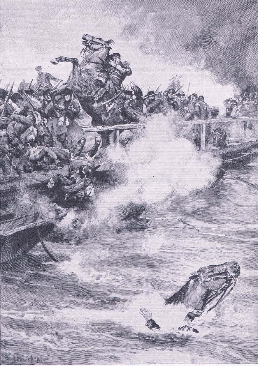 Sevastopol: O recuo sobre a ponte de barcos, ilustração das batalhas britânicas na terra e no mar, 1915 de Wal Paget