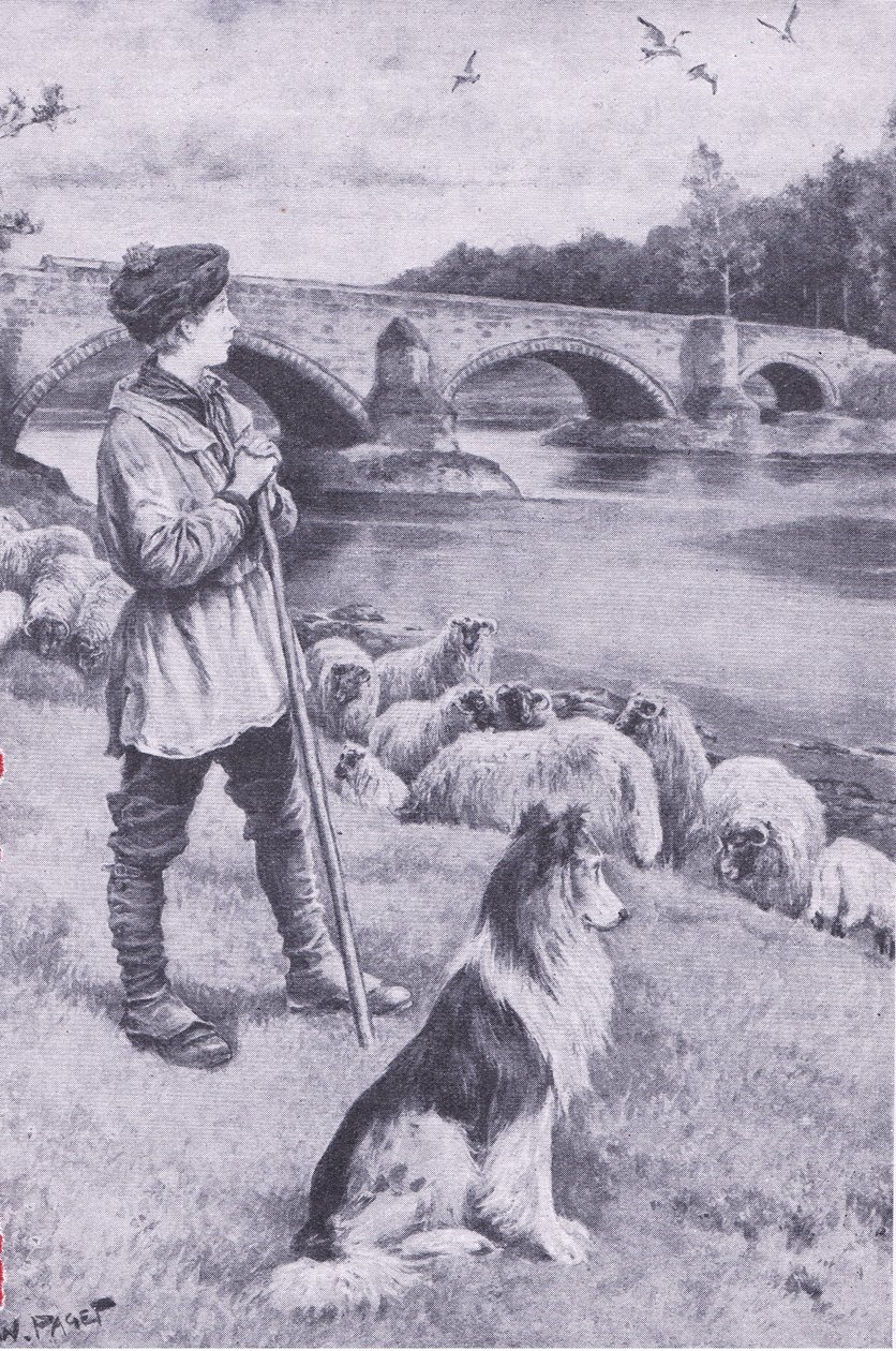 A visão da velha Ponte Romana em Musselburgh desperta a imaginação de John Rennie, o pastor, de My Magazine, pub.1922 (litho) de Wal Paget