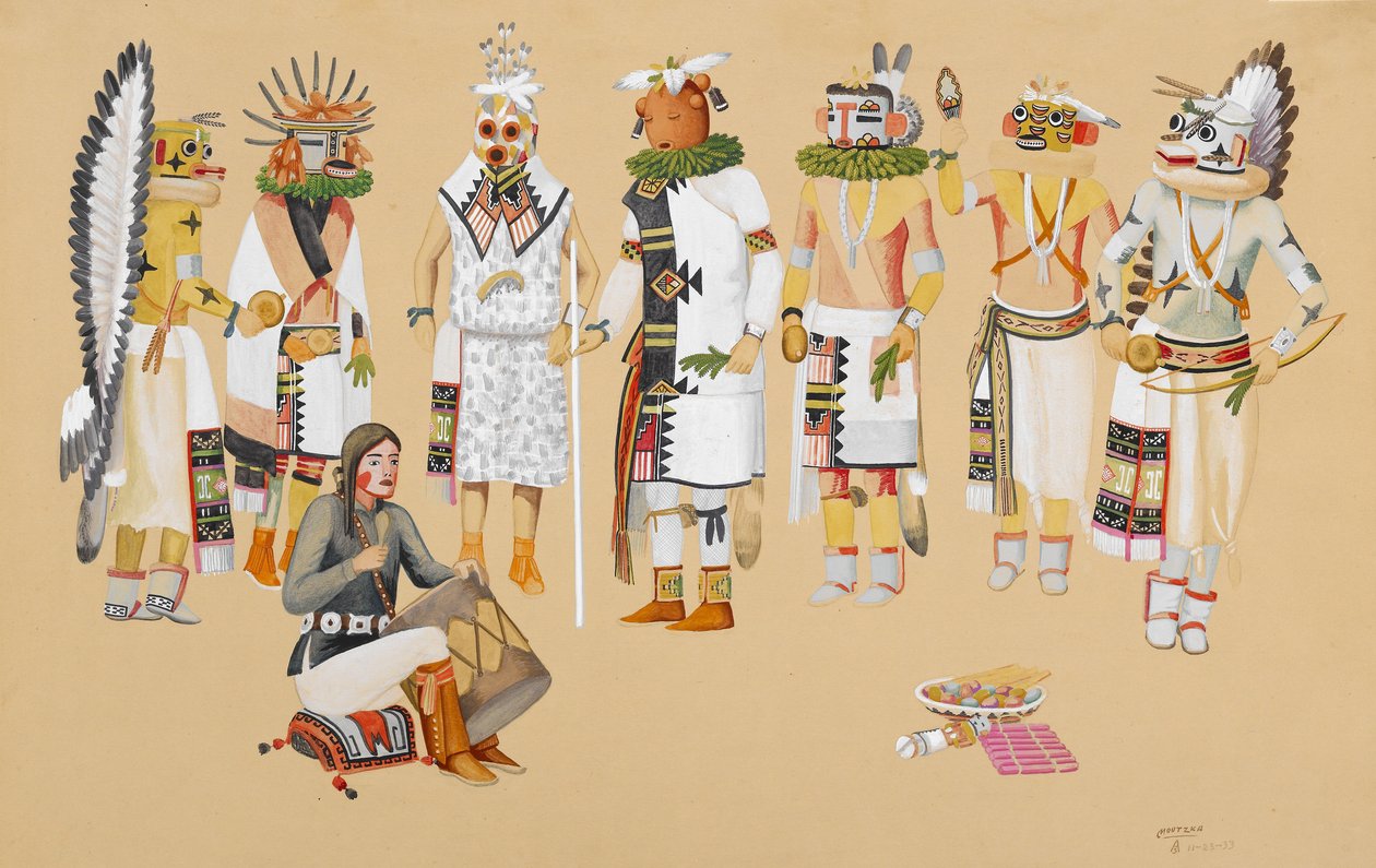 Grupo de Kachinas, 1933 (tempera sobre lápis em papel tufado) de Waldo Mootzka