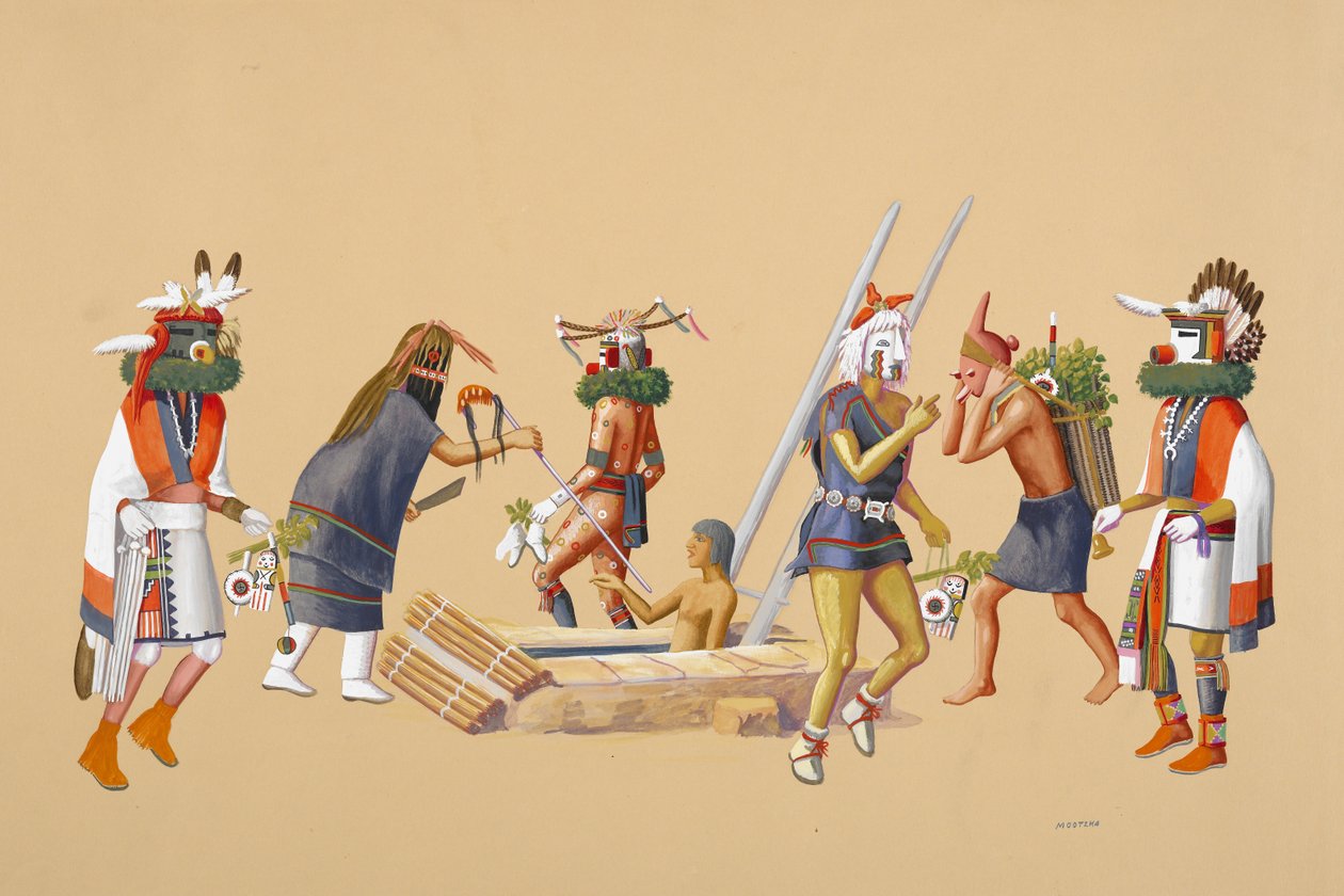 Cerimônia de Powamu, 1930-40 (tempera em papel tufado) de Waldo Mootzka