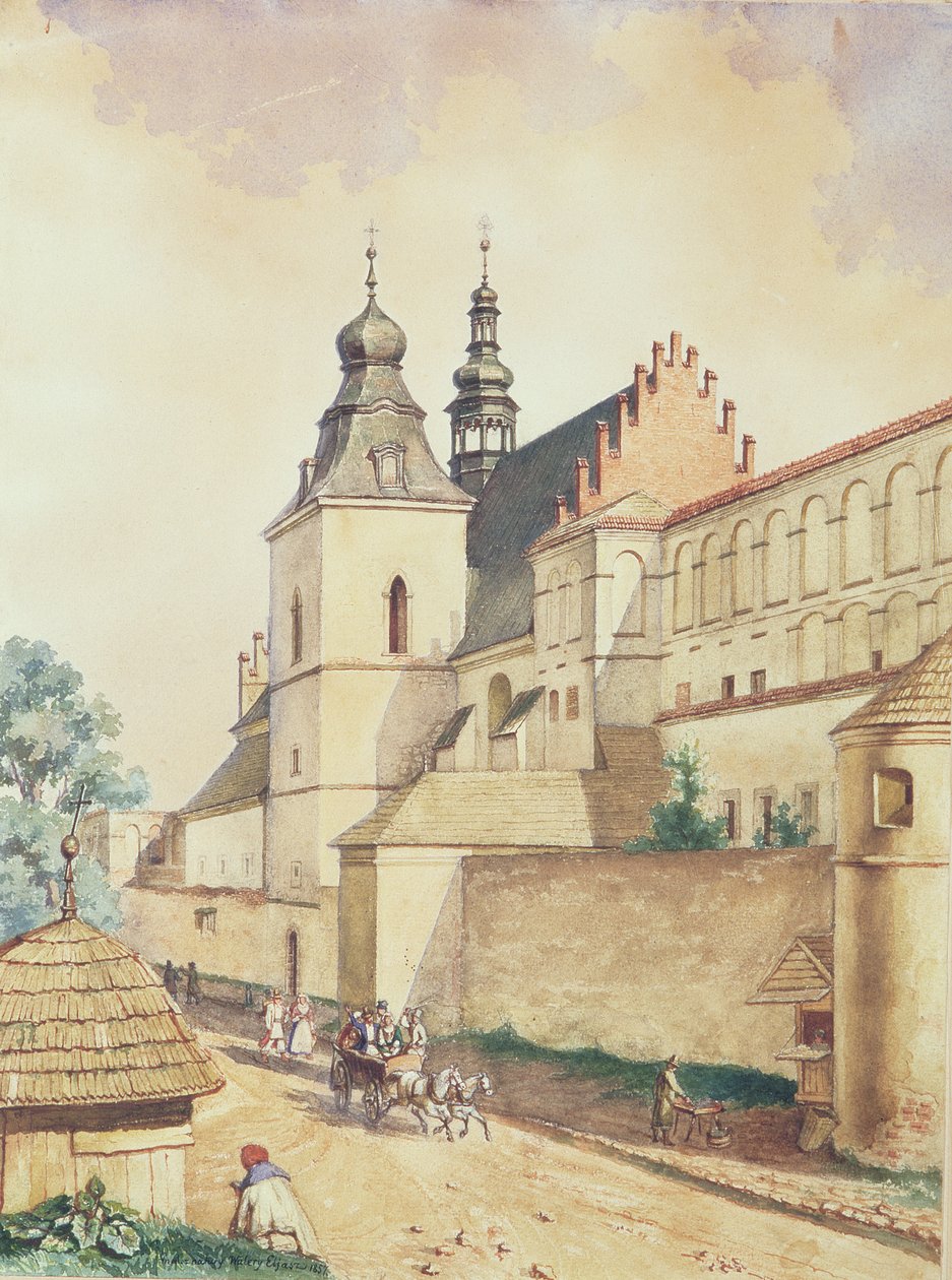 Na frente do monastério Norbertine, Kozienice, 1857 de Walery Eljasz Radzikowski