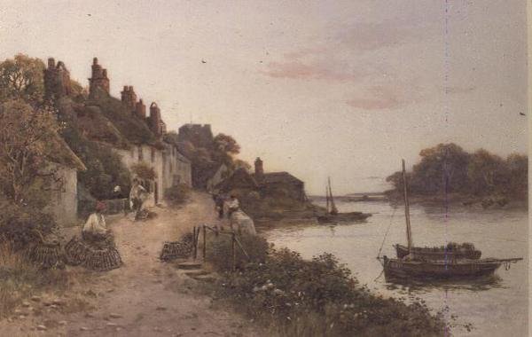 Cremes de pesca numa aldeia da Cornualha (aguarela sobre papel) de Walker Stuart Lloyd
