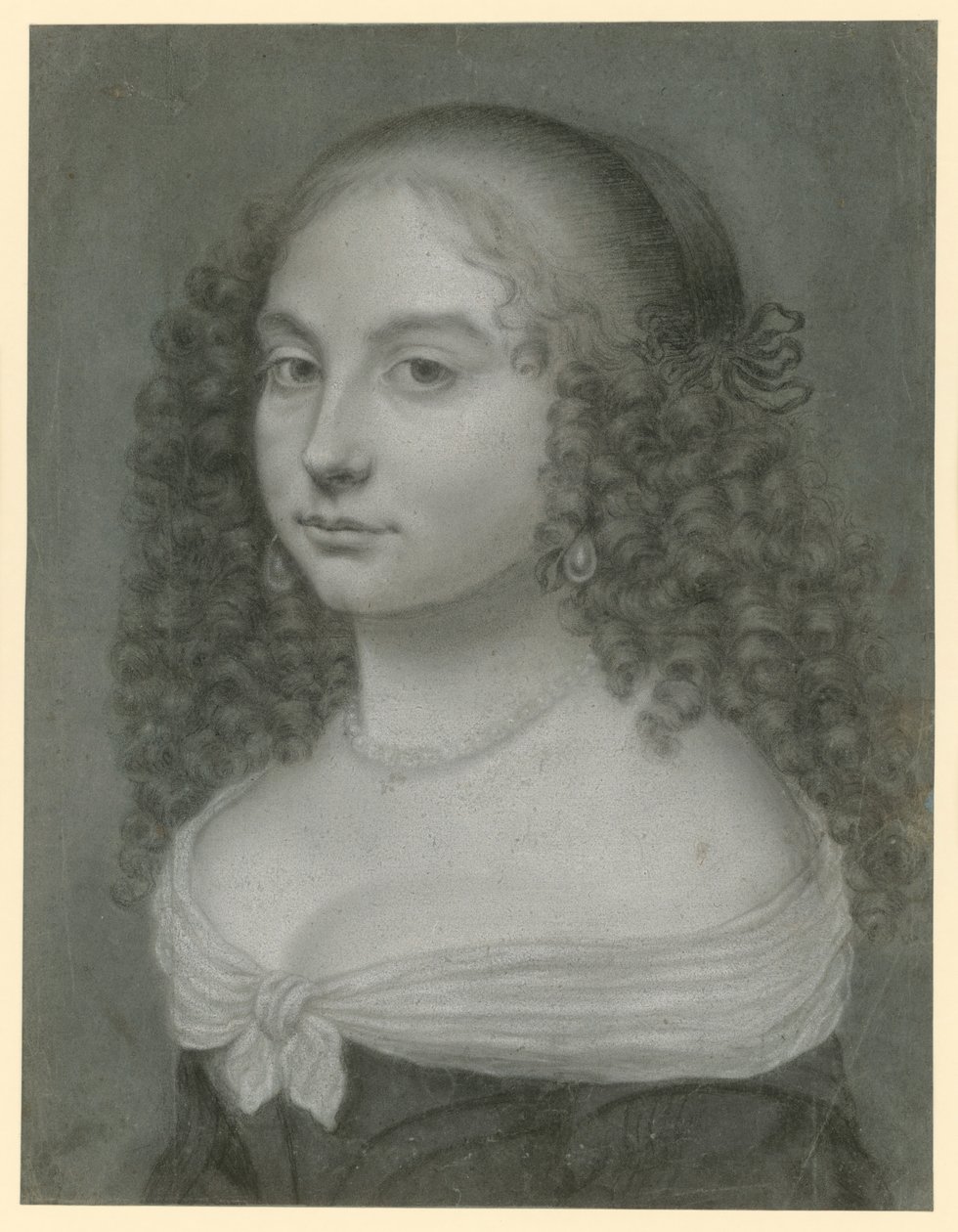 Retrato de busto de uma jovem senhora com vestido de ombros descobertos, colar de pérolas e grandes brincos pendentes de pérolas, virada ligeiramente para a esquerda de Wallerant Vaillant