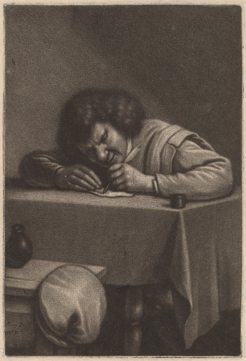 Um homem escrevendo em uma mesa de Wallerant Vaillant after Adriaen Brouwer