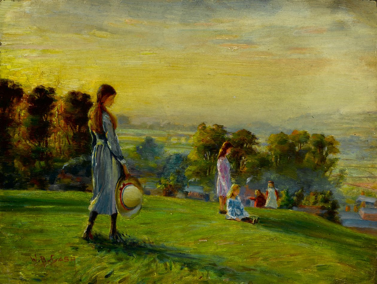 Estudo para crianças brincando nos campos ao pôr do sol de Walter Bonner Gash
