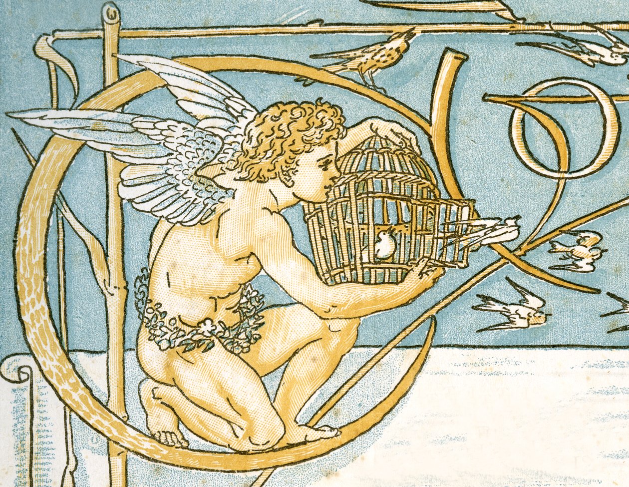 Anjo oferecendo uma gaiola de vime com uma porta aberta permitindo que os pássaros cantem, Design de página de conteúdo de &39;Pan-Pipes&39;, Um livro de canções antigas, recém arranjado e com acompanhamentos de Theo. Marzials, pu de Walter Crane
