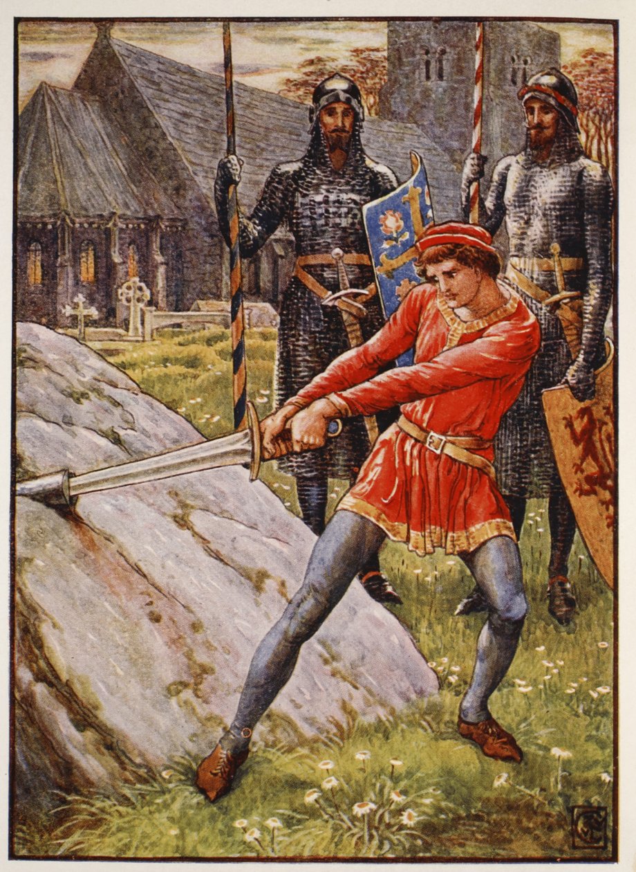 Arthur desenha a espada da pedra, frontispício "Histórias dos Cavaleiros da Távola Redonda", de Henry Gilbert, primeira edição, 1911 de Walter Crane