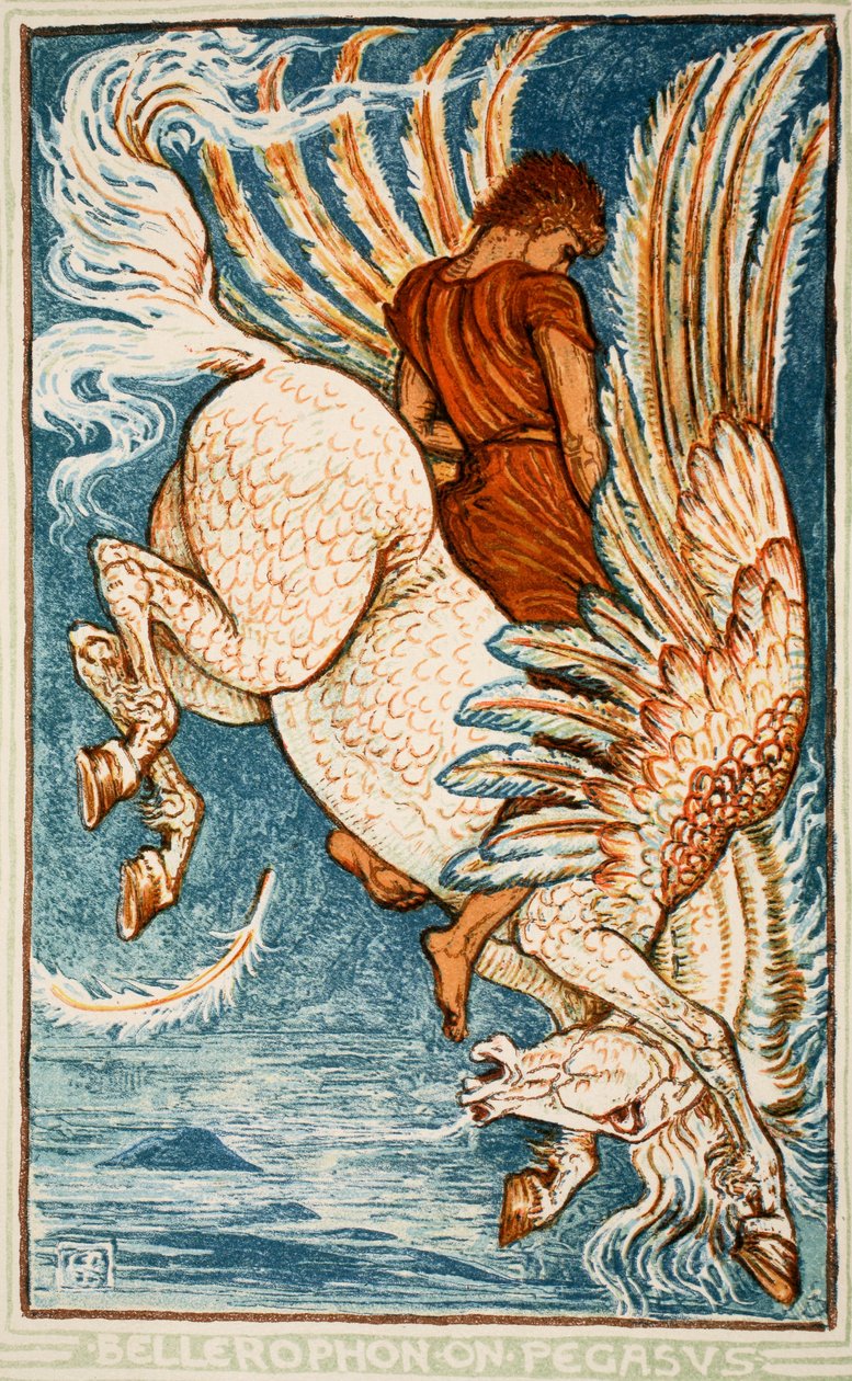 Belerofonte em Pégaso, ilustração de &39;A Wonder-Book para meninas e meninos&39; por Nathanial Hawthorne, 1852 de Walter Crane