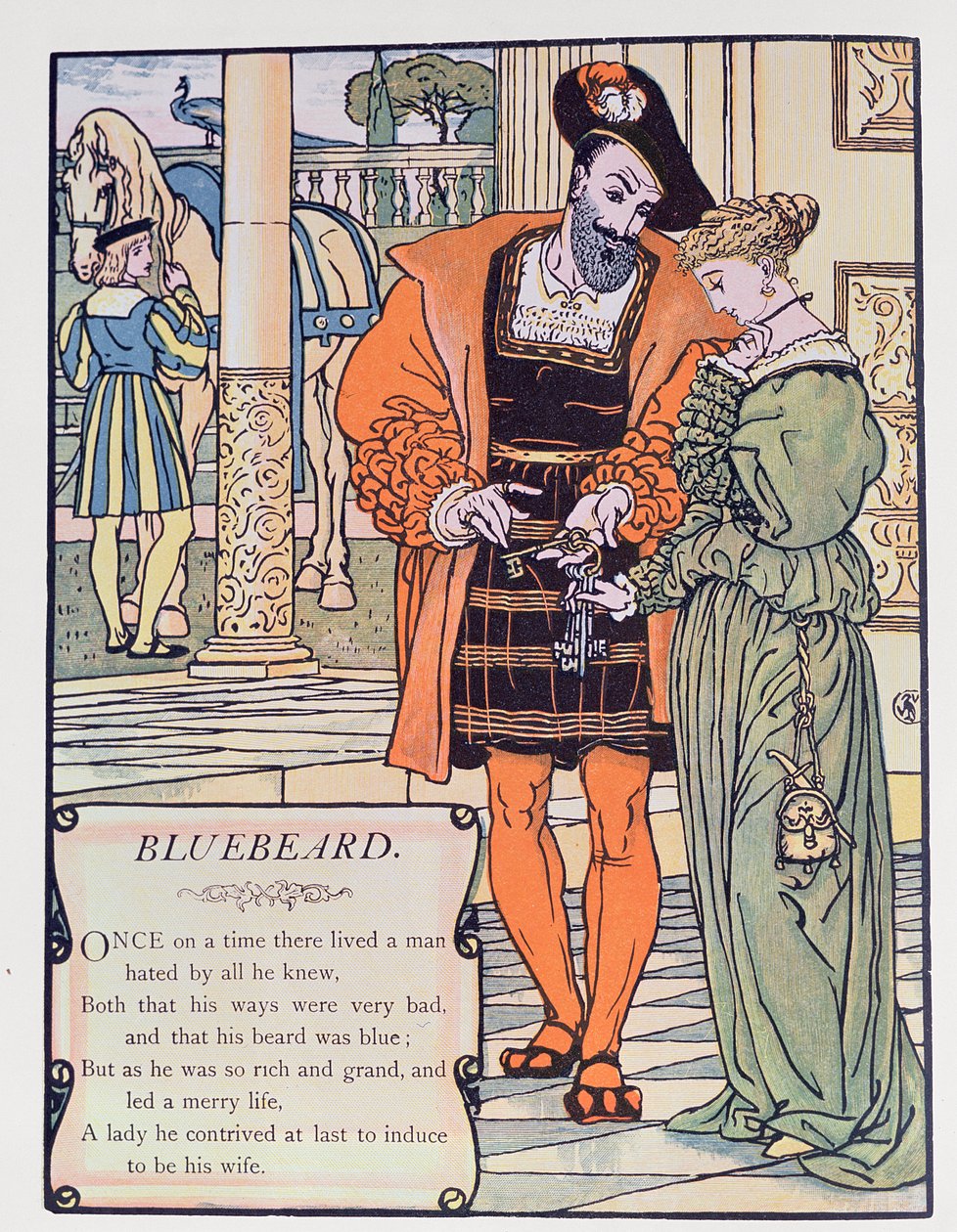 Barba-azul e sua esposa, ilustração para &39;Bluebeard&39; por Charles Perrault (1628-1703) (gravura de cor) de Walter Crane