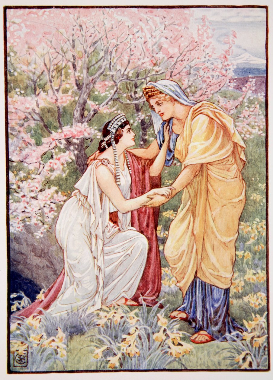 Demeter regozijou-se, pois sua filha estava ao seu lado, ilustração de The Story of Greece, de Mary Macgregor, 1a edição, 1913 (impressão colorida). de Walter Crane