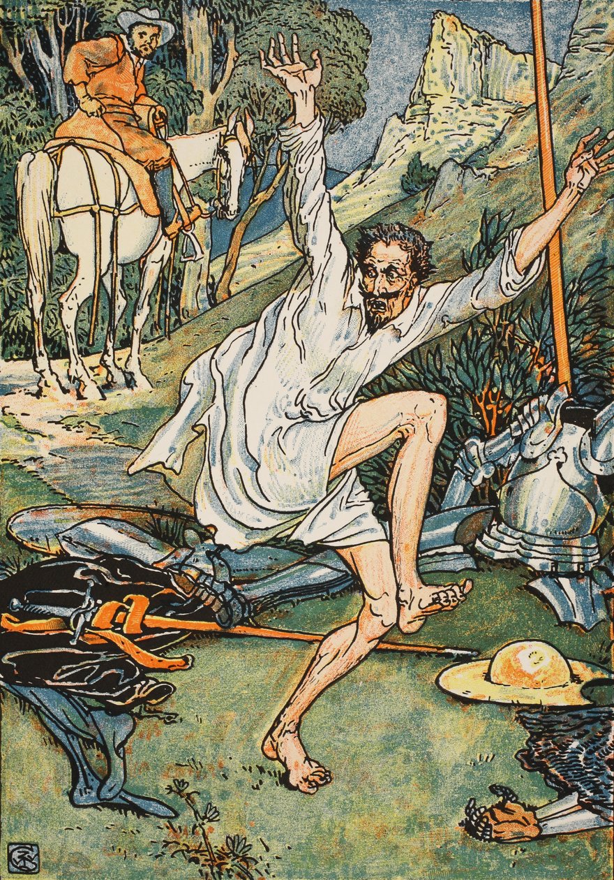 Don Quixote fazendo Penitência, ilustração de &39;Dom Quixote da Mancha&39; recontada pelo juiz Parry, pub. Blackie und Son Ltd, Londres, 1900 de Walter Crane