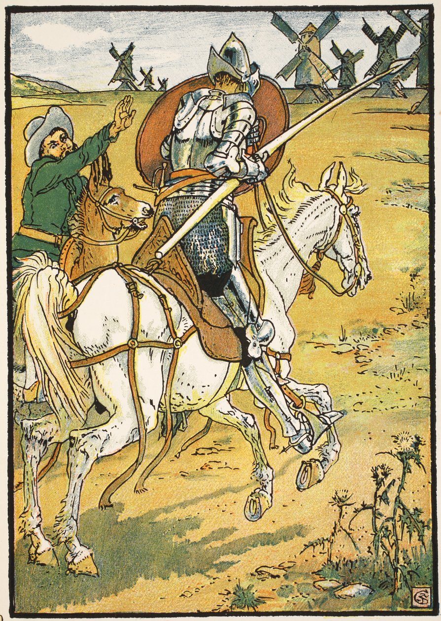Dom Quixote e os moinhos de vento, ilustração de &39;Dom Quixote da Mancha&39; recontada pelo juiz Parry, pub. Blackie und Son Ltd, Londres, 1900 de Walter Crane