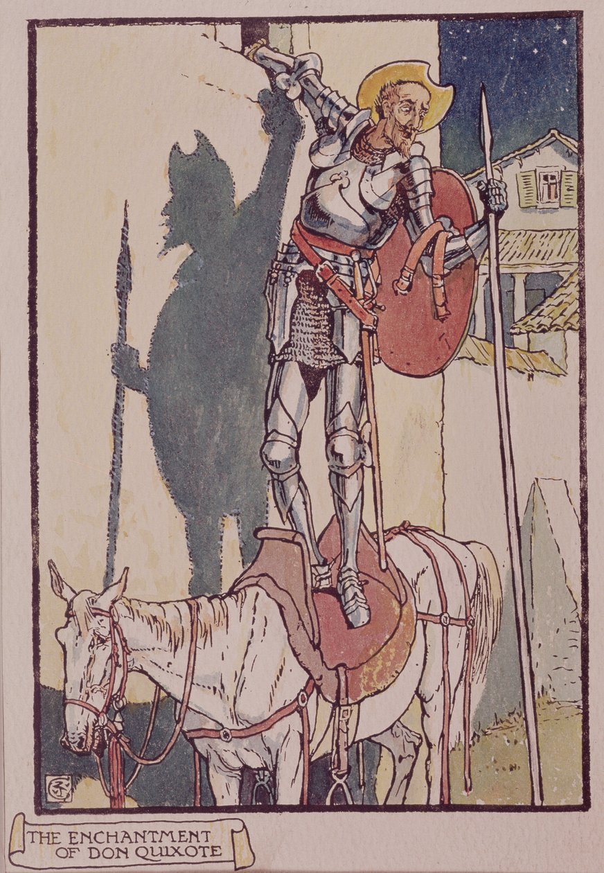 Dom Quixote de &39;Dom Quixote de la Mancha&39; por Cervantes (desenho de linha) de Walter Crane