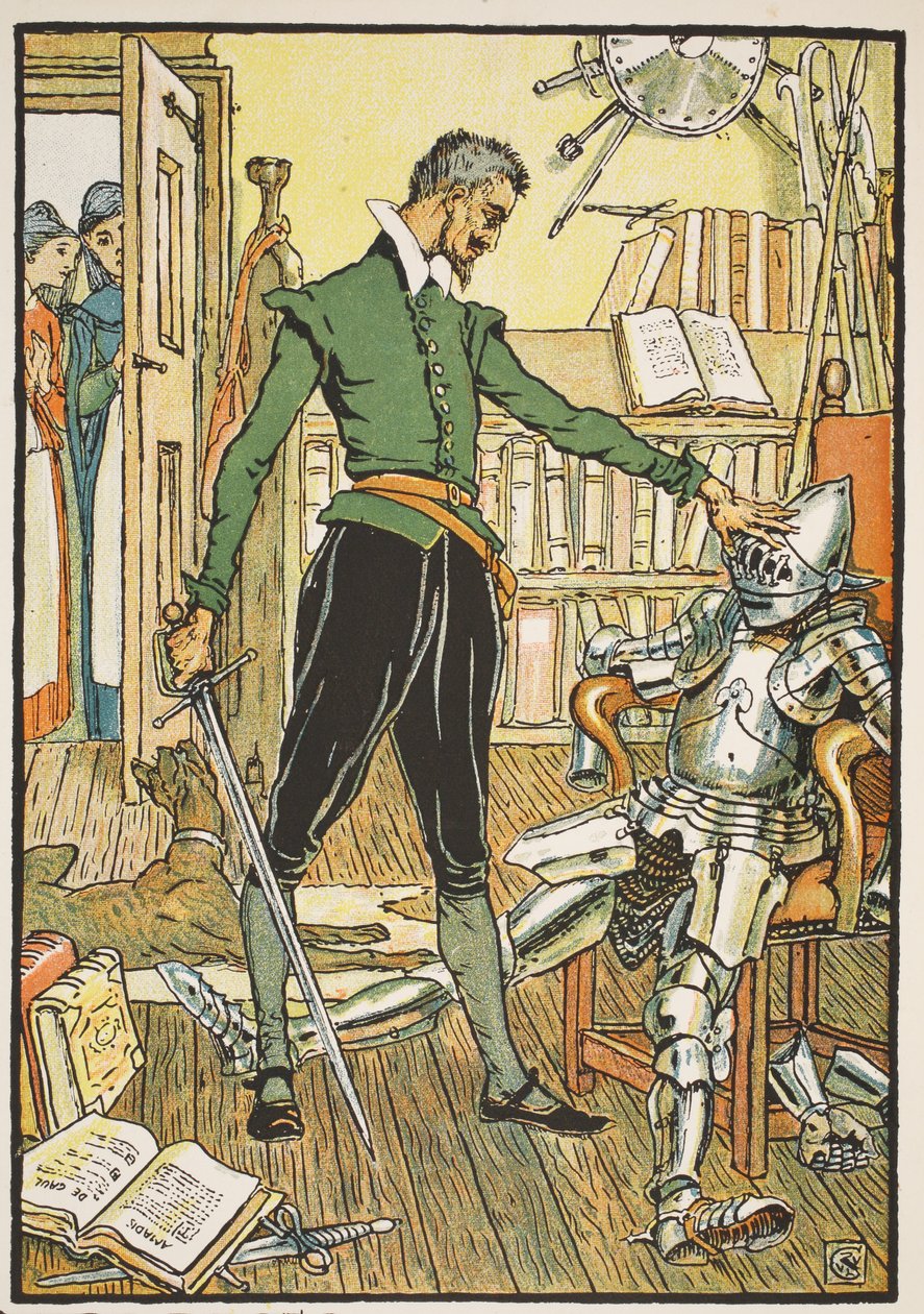 Dom Quixote testando seu capacete, ilustração de "Dom Quixote da Mancha" recontada pelo juiz Parry, pub. Blackie und Son Ltd, Londres, 1900 de Walter Crane