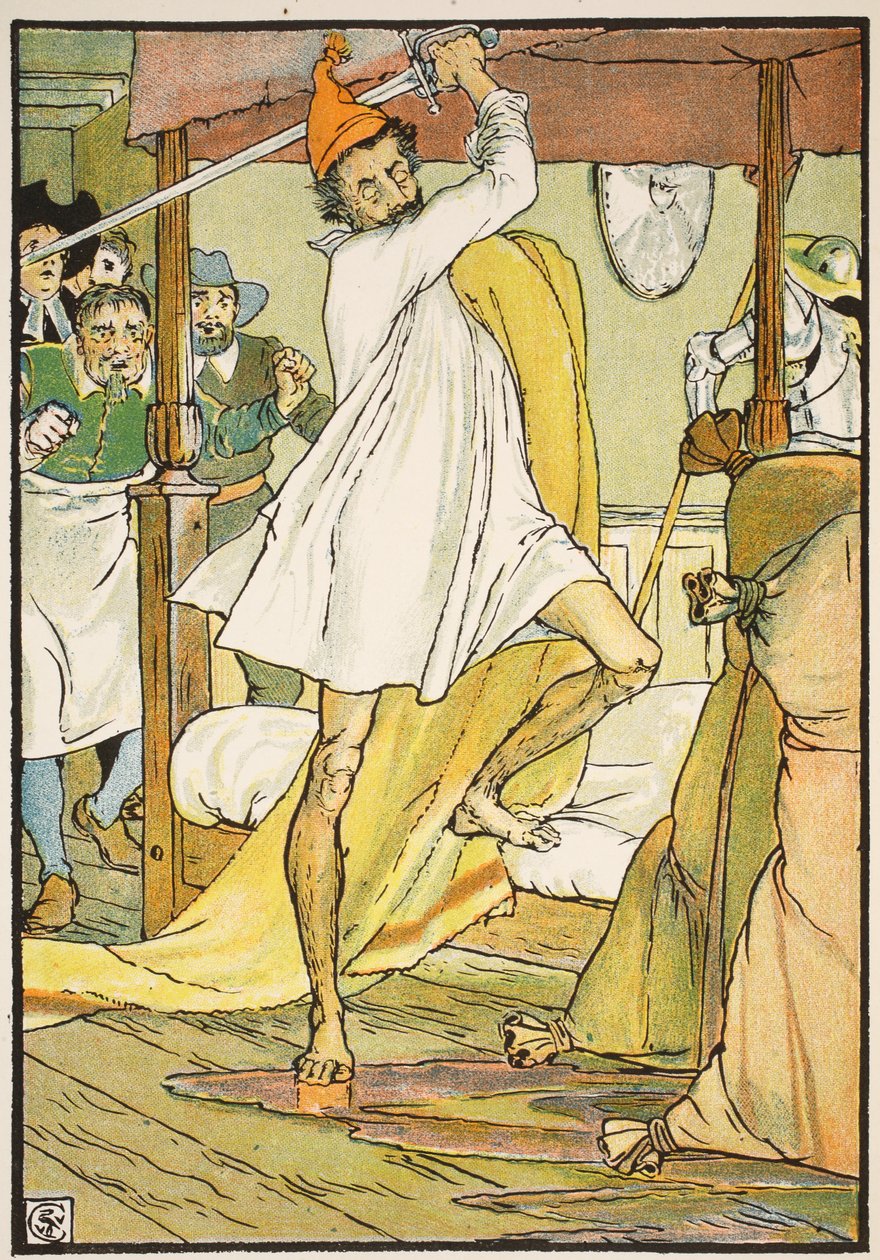 Batalha Extraordinária de Dom Quixote, ilustração de "Dom Quixote da Mancha" recontada pelo Juiz Parry, pub. Blackie und Son Ltd, Londres, 1900 de Walter Crane