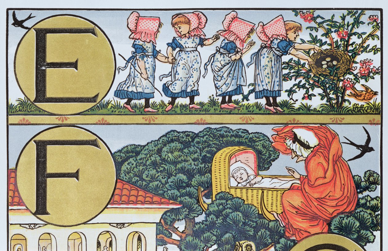 EF, de um alfabeto baseado em rimas de berçário (gravura a cores) de Walter Crane