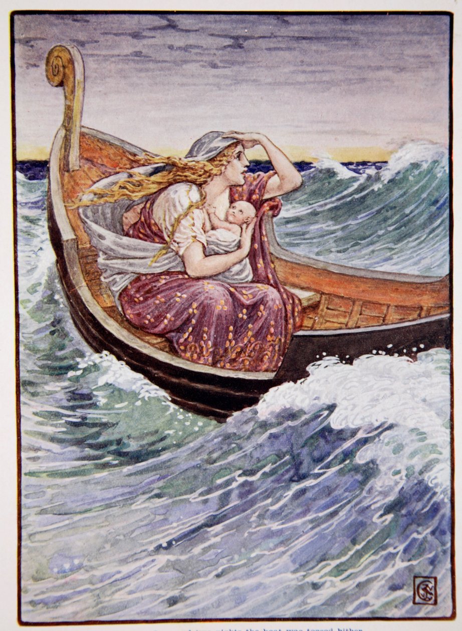 Durante dois dias e duas noites, o barco foi jogado para lá e para cá, ilustração de "A História da Grécia", de Mary Macgregor, 1a edição, 1913 (impressão colorida) de Walter Crane