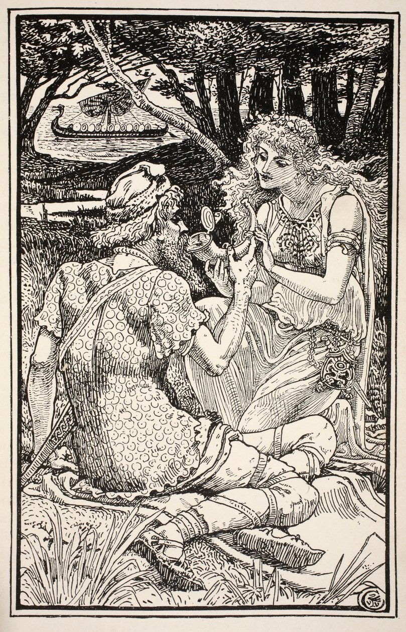 "Eu bebo aqui mais digno de um herói", disse Sunbright com um sorriso, ilustração de "Folk and Fairy Tales" de Mrs. Burton Harrison, 1885 de Walter Crane