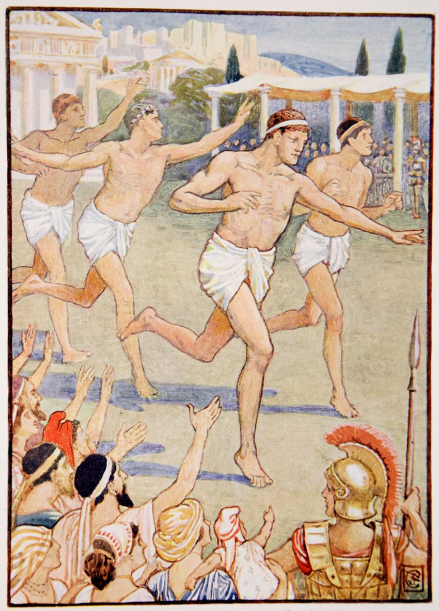 Nos primeiros tempos, uma simples corrida a pé era o único evento, ilustração de The Story of Greece, de Mary Macgregor, 1ª edição, 1913 (impressão colorida). de Walter Crane