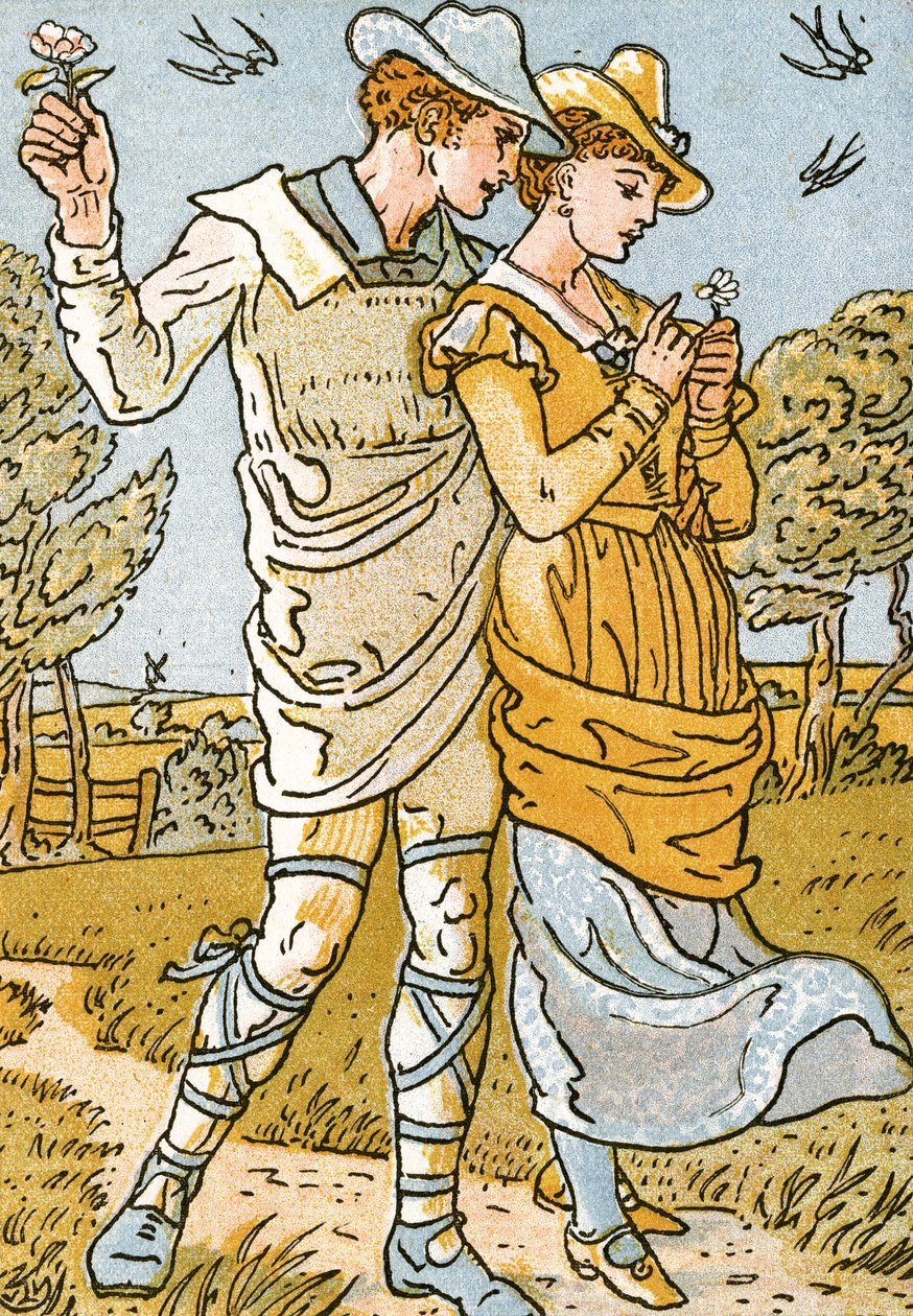 &39;Era um amante e sua Lass&39;, ilustração da canção de &39;Pan-Pipes&39;, um livro de canções antigas, recentemente arranjado e com acompanhamentos por Theo. Marzials, publicado em Londres por George Routledge und Sons, 1884 ( de Walter Crane
