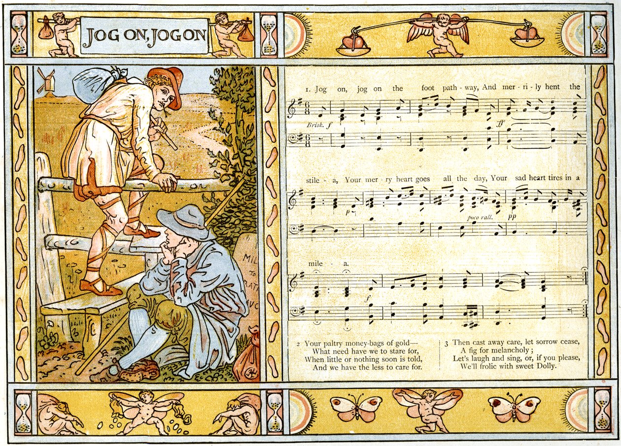 &39;Jog On, Jog On&39;, ilustração da música de &39;Pan-Pipes&39;, Um livro de canções antigas, recém arranjado e com acompanhamentos de Theo. Marzials, publicado em Londres por George Routledge und Sons, 1884 de Walter Crane