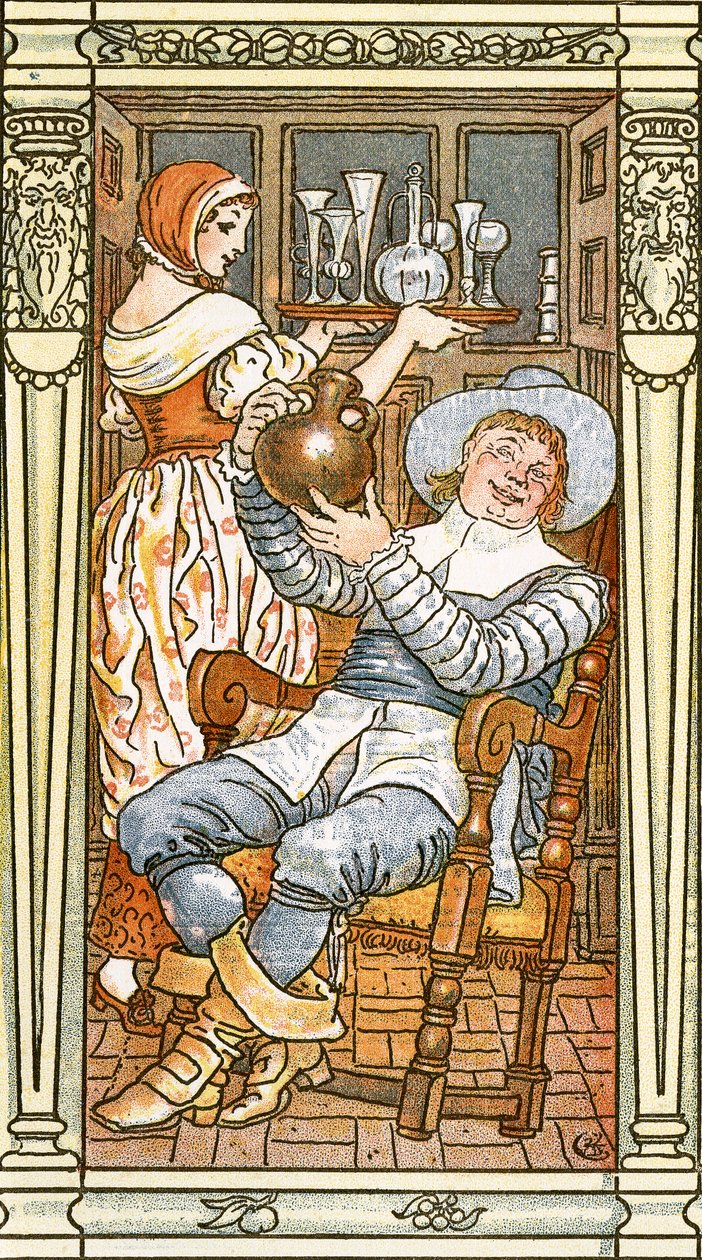 Homem alegre segurando no alto uma garrafa de couro, do &39;Leather Bottel&39;, ilustração de canção de &39;Pan-Pipes&39;, um livro de canções antigas, recém arranjado e com acompanhamentos por Theo. Marzials, publicado em Lon de Walter Crane