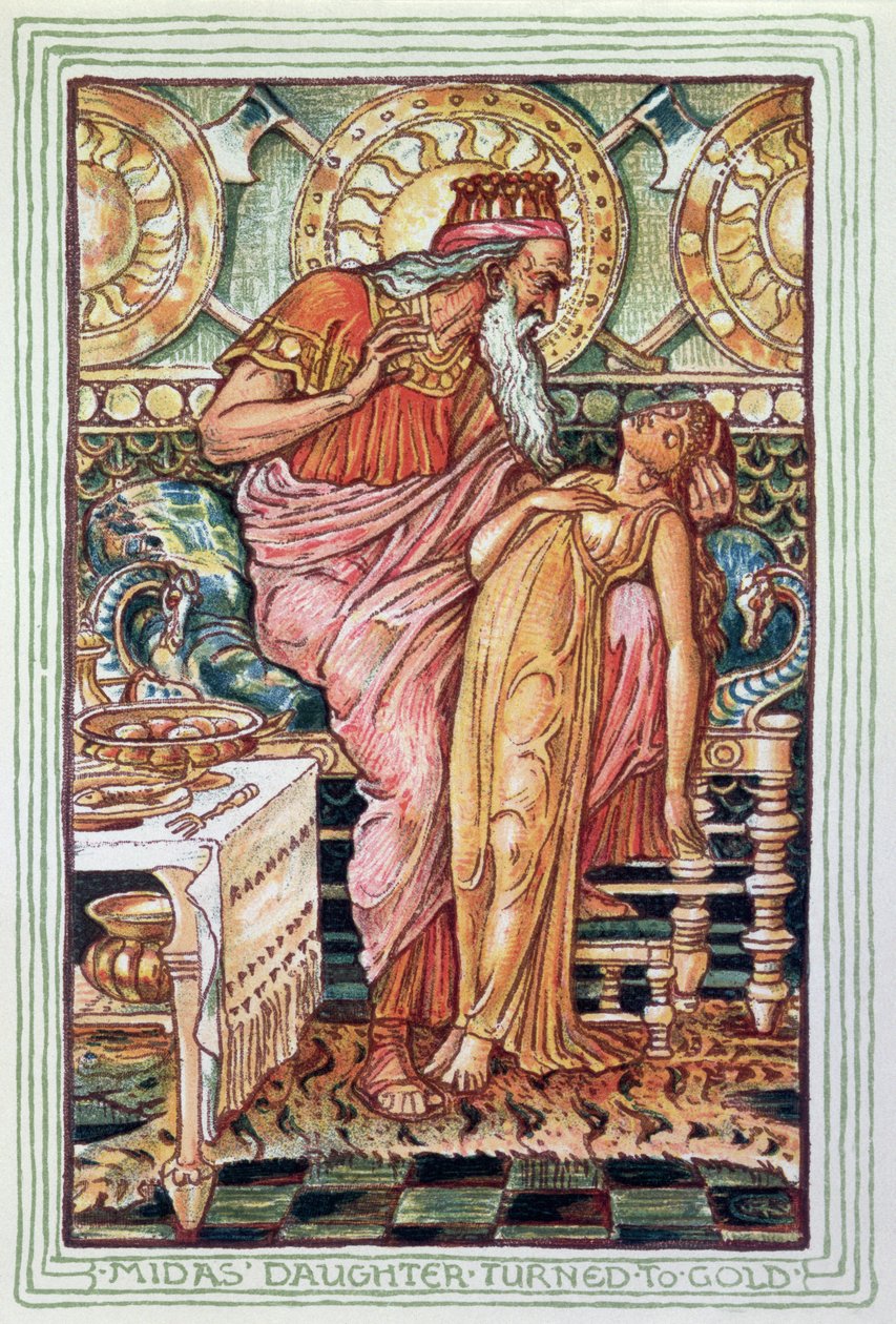 Rei Midas e sua filha virou ouro, ilustração da legenda mitológica grega, publicada em Londres em 1910 de Walter Crane