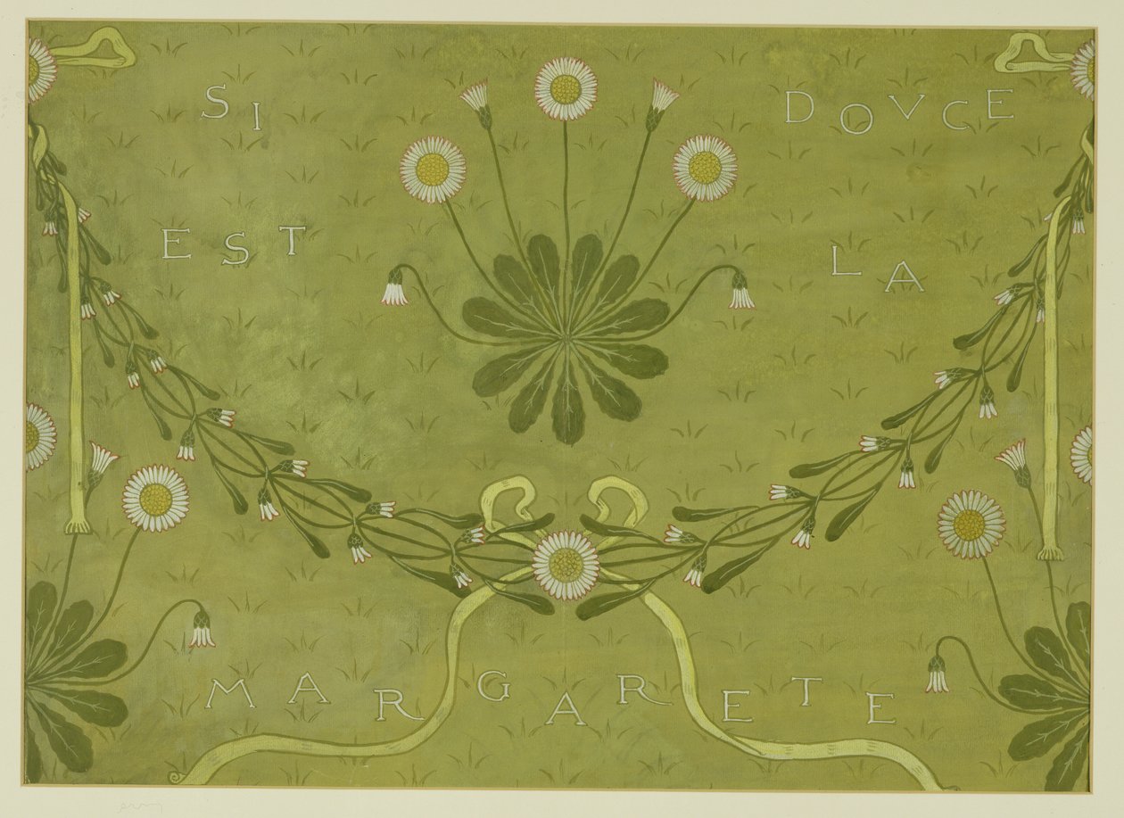 Design de papel de parede &39;La Margarete&39;, impresso por Jeffrey and Co., 1876 (bodycolour no papel) de Walter Crane