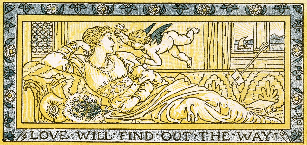 "Love Will Find Out the Way", ilustração da música de "Pan-Pipes", um livro de canções antigas, recentemente arranjado e com acompanhamentos de Theo. Marzials, publicado em Londres por George Routledge und Sons, 1884 (c de Walter Crane